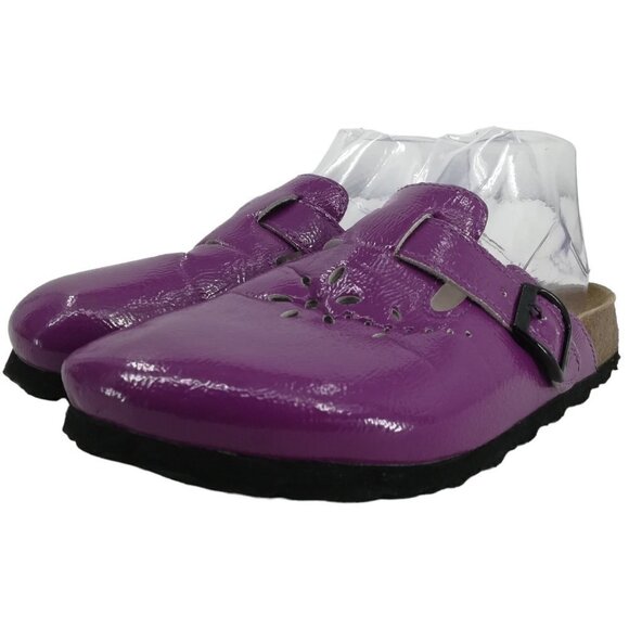Betula Birkenstock Purple Slip On Leather Clogs Size 38 US 7 Flower Perforated - Picture 1 of 13